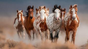 Majestic horses running through the dusty plains at sunset in a wild and natural setting photo