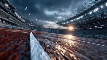 Exciting moment captures a rainy track in a modern stadium during a thrilling sports event in the evening light photo