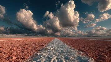 Vibrant red ground leads to dramatic clouds above in remote landscape during late afternoon photo