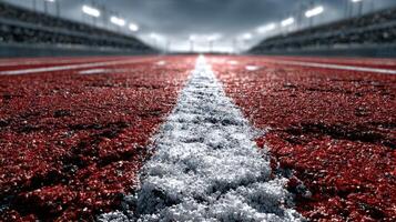 Bright red athletic track stretches into the distance under dramatic overcast sky, inviting runners to compete or train during a cloudy day photo