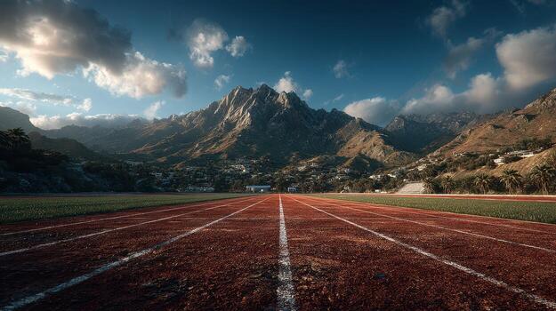 Scenic view of a red running track surrounded by mountains under a blue sky with clouds during the day photo