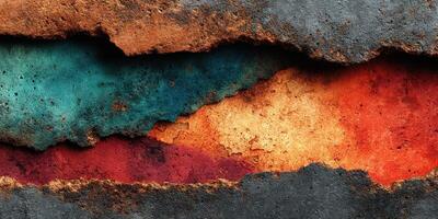 Vibrant layers of textured paint reveal rich colors of blue, orange, and red in weathered surface photo