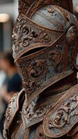 Intricately designed armored knight standing amidst a bustling crowd at a historical festival during golden hour photo