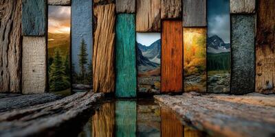 Visual collage of mountain landscapes framed by rustic wooden planks reflecting in calm water during golden hour photo