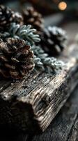 Natural pine cones and evergreen branches arranged on rustic wooden surface for a cozy winter decoration photo