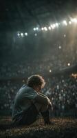 Soccer player sitting on field looking pensive after intense match in stadium during evening lights photo