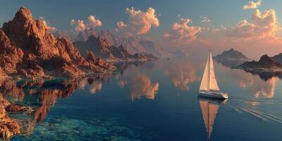 Sailing through serene waters surrounded by majestic mountains at sunset photo