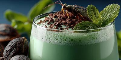 Unique dessert drink featuring mint, cocoa, and a decorative insect served in a glass with nuts photo