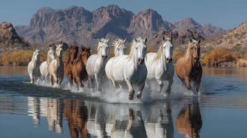 Horses galloping through water in a stunning natural landscape with mountains and blue skies photo