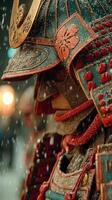 Historic warrior in traditional armor stands under falling snow during a cultural celebration in a vibrant urban setting photo