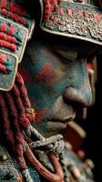 Warrior adorned in intricate armor and painted face during a cultural festival in a vibrant setting photo