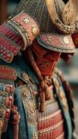 Intricate samurai armor displayed in a historic setting during a cultural exhibition in Japan photo