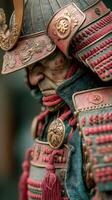 Detailed samurai figure with intricate armor, capturing historical craftsmanship in a close-up view, showcasing artistry and craftsmanship photo