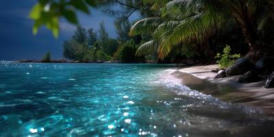 Serene tropical beach with crystal clear water and lush greenery at dusk photo
