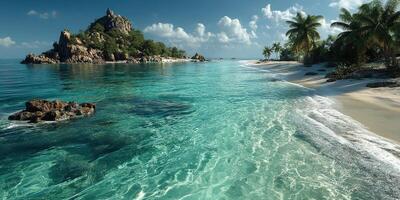 Clear turquoise waters and sandy beach under a bright sky at a secluded tropical island photo