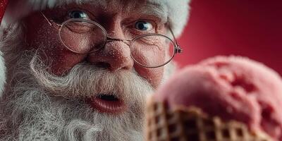 Santa Claus enjoys a scoop of pink ice cream during the holiday season in a festive setting with a red background photo