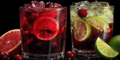 Refreshing mixed berry and citrus drinks served in glasses with ice on a dark background photo