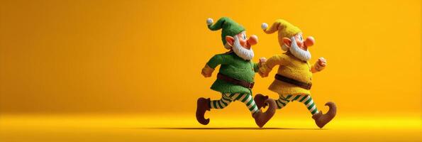 Two cheerful elves running together on a bright yellow background, spreading joy and excitement in a playful manner photo