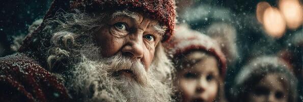 Elderly man with snowy beard captivates children at winter festival in a festive atmosphere photo