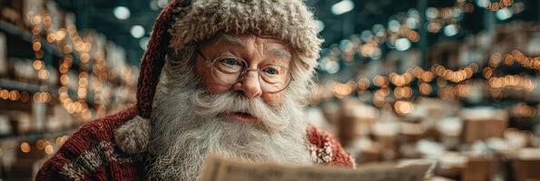 Santa Claus reading a list in a cozy workshop filled with holiday lights and ambiance photo