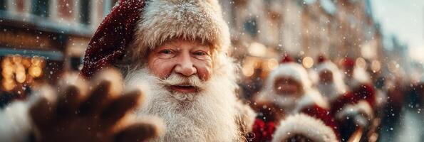 Santa Claus greets visitors in a festive winter market during Christmas celebration in a charming town square photo