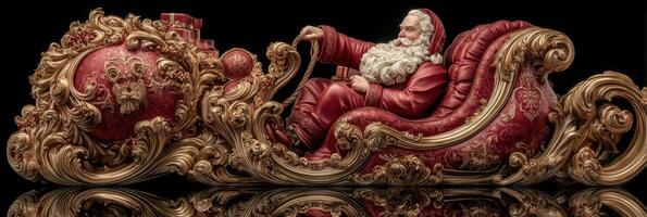 Santa Claus rides a beautifully crafted sleigh adorned with intricate designs and presents during the festive season photo