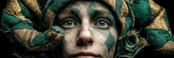 Jester with striking green and gold costume poses in mysterious lighting capturing a blend of emotion and artistry photo