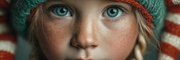 Young child with striking blue eyes and festive hat engages viewers with a captivating expression photo