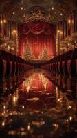 Elegant theater interior adorned with Christmas trees and festive decorations during a winter evening performance photo