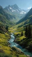Scenic valley view with mountains and flowing river under clear sky during daytime in a tranquil landscape photo
