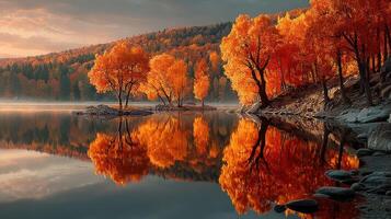 Vibrant autumn foliage reflects on calm water in a serene lakeside setting during early morning photo