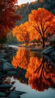 Autumn trees reflecting in calm river by rocky shore during sunset in a serene natural setting photo