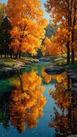 Autumn trees reflect in tranquil lake surrounded by vibrant foliage and serene landscape in mid-afternoon sunlight photo