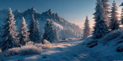 Snowy mountain landscape with evergreen trees illuminated by early morning light in a serene winter setting photo