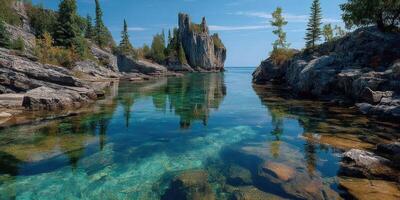 Beautiful rock formation surrounded by clear water and trees in a serene coastal landscape on a sunny day photo