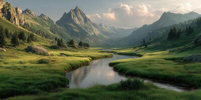 Scenic view of a tranquil river flowing through lush green valleys and mountains at sunset in a remote wilderness area photo