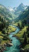 Scenic mountain river flowing through a lush valley surrounded by snow-capped peaks under clear blue sky photo