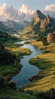 Lush green valley with a winding river surrounded by majestic mountains during golden hour photo