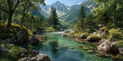 Beautiful mountain landscape with clear river and lush greenery in a peaceful natural setting photo