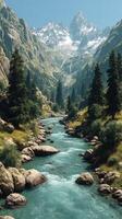 Winter landscape with snow-capped mountains and a flowing river in a serene valley during a bright day photo