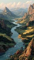 Serene landscape with river winding through mountains during golden hour in a tranquil setting photo