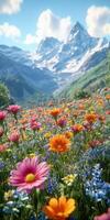 Vibrant wildflower meadow under the mountains on a sunny day in summer with colorful blooms and a clear blue sky photo