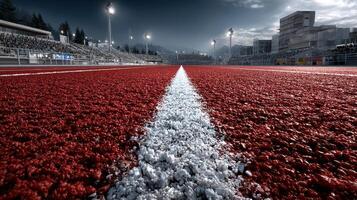 Red track stretches into the distance at an illuminated stadium during twilight hours photo