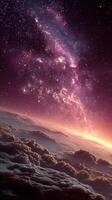 Cosmic view of galaxy and clouds above a vibrant horizon at twilight photo