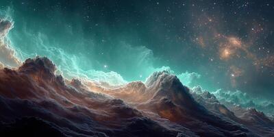 Vibrant cosmic landscape with swirling clouds and twinkling stars in a deep, serene night sky photo
