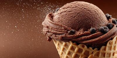 Delicious chocolate ice cream served in a crispy waffle cone with chocolate chips on a brown background photo