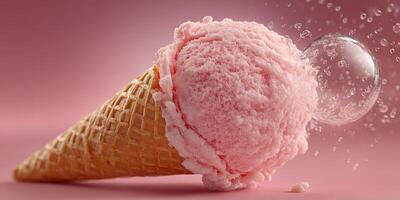 Bright pink ice cream cone with bubbles on a soft pink background creates a cheerful dessert experience for everyone photo