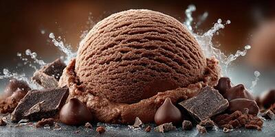 Decadent chocolate ice cream scoop surrounded by chocolate chunks in a delightful dessert setting photo
