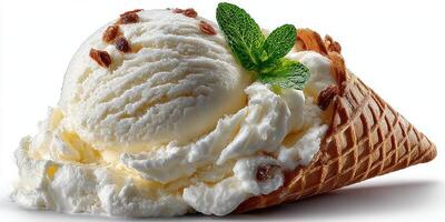 Delicious vanilla ice cream served in a crispy cone with whipped cream and mint leaf garnish photo