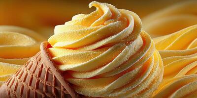 Delicious soft serve ice cream in a cone, topped with golden swirls and surrounded by creamy texture photo